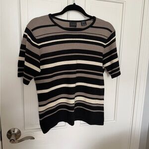 Forte Striped Short-Sleeve Knit Top in Black, Taupe, and Cream USA small